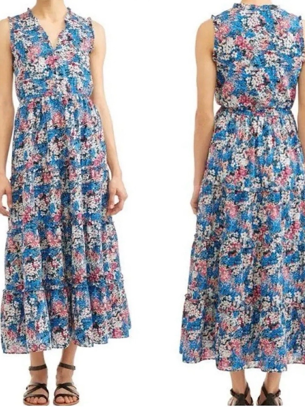 Elizabeth and James Blue and Pink Floral Tiered Maxi Dress